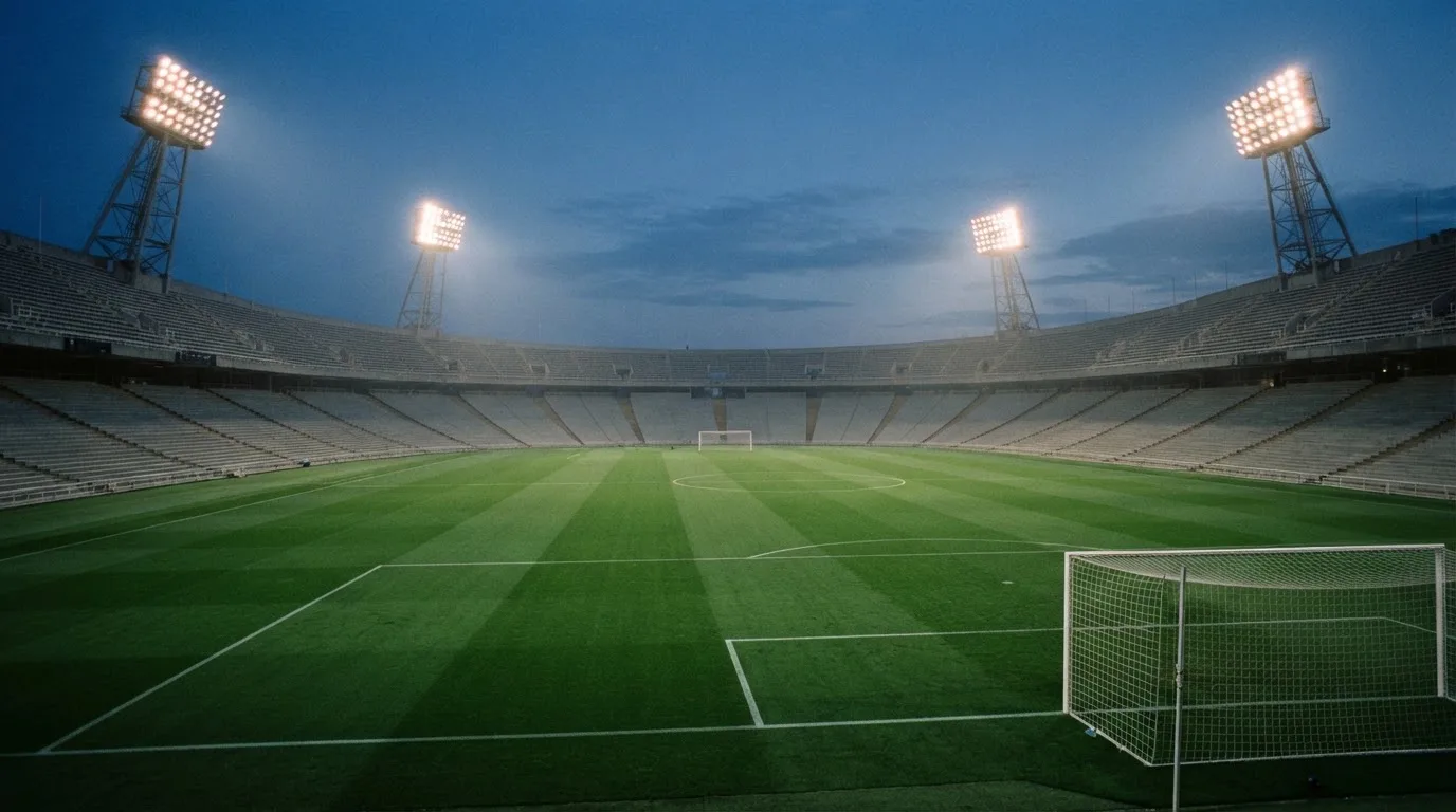 An empty football stadium with floodlight masts at dusk