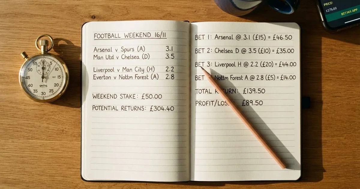 An open notebook with a pencil and a stopwatch on a wooden table