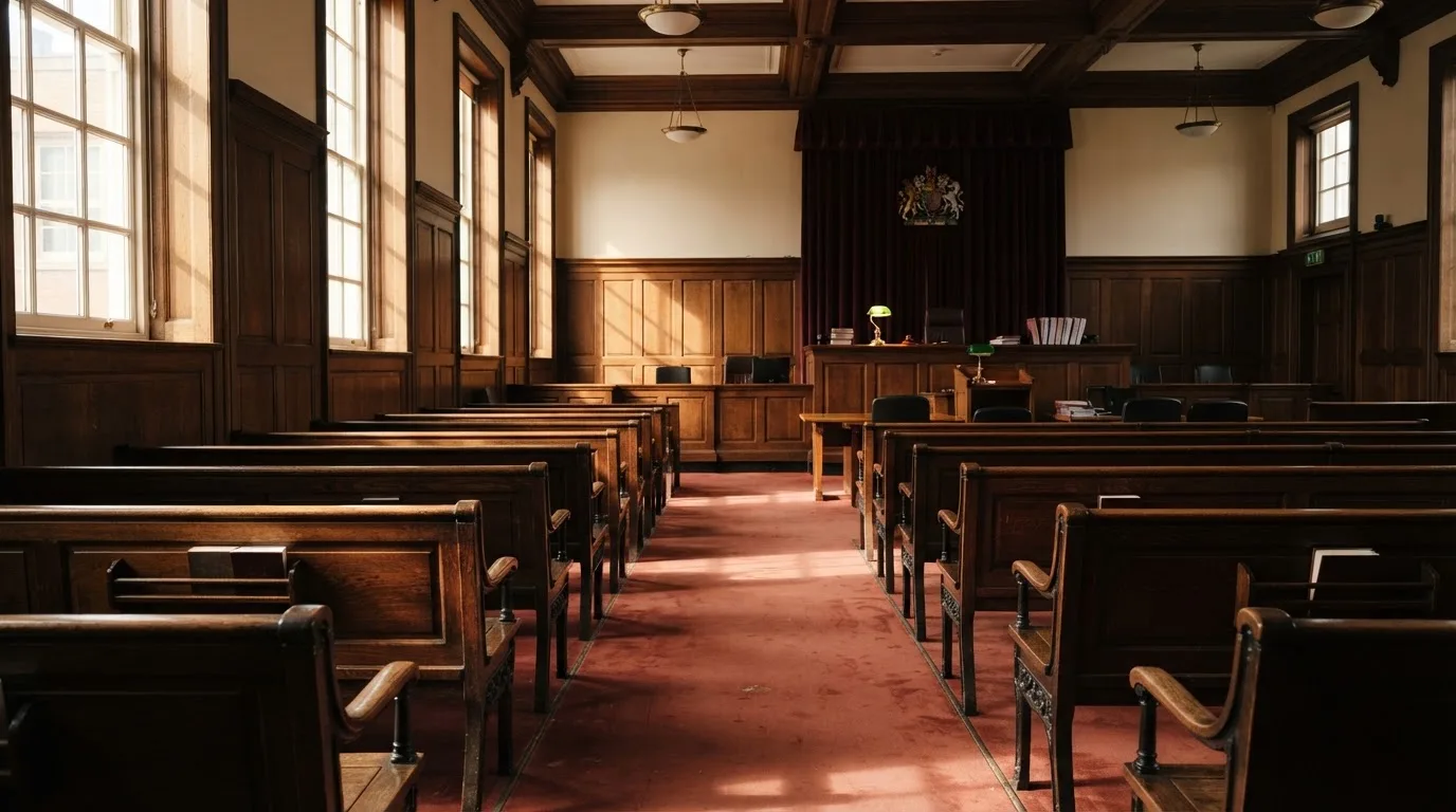 An empty courtroom with wooden benches in morning light