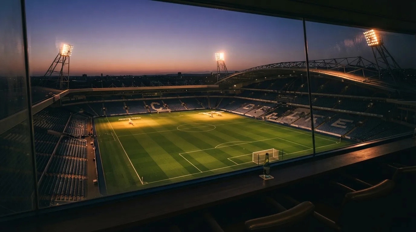 An empty football stadium with floodlight masts at dusk