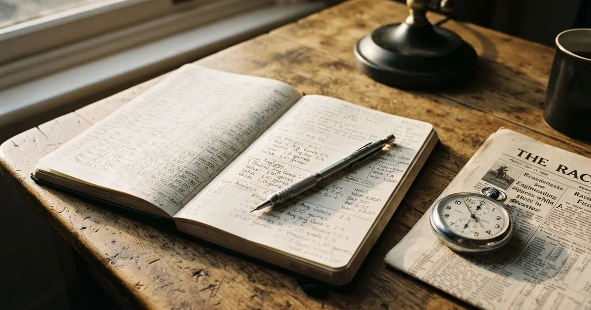 An open notebook with a pencil and a stopwatch on a wooden table