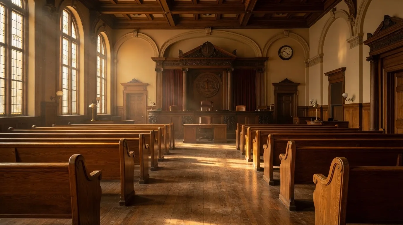 An empty courtroom with wooden benches in morning light