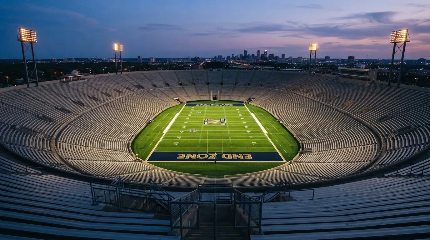 An empty football stadium with floodlight masts at dusk