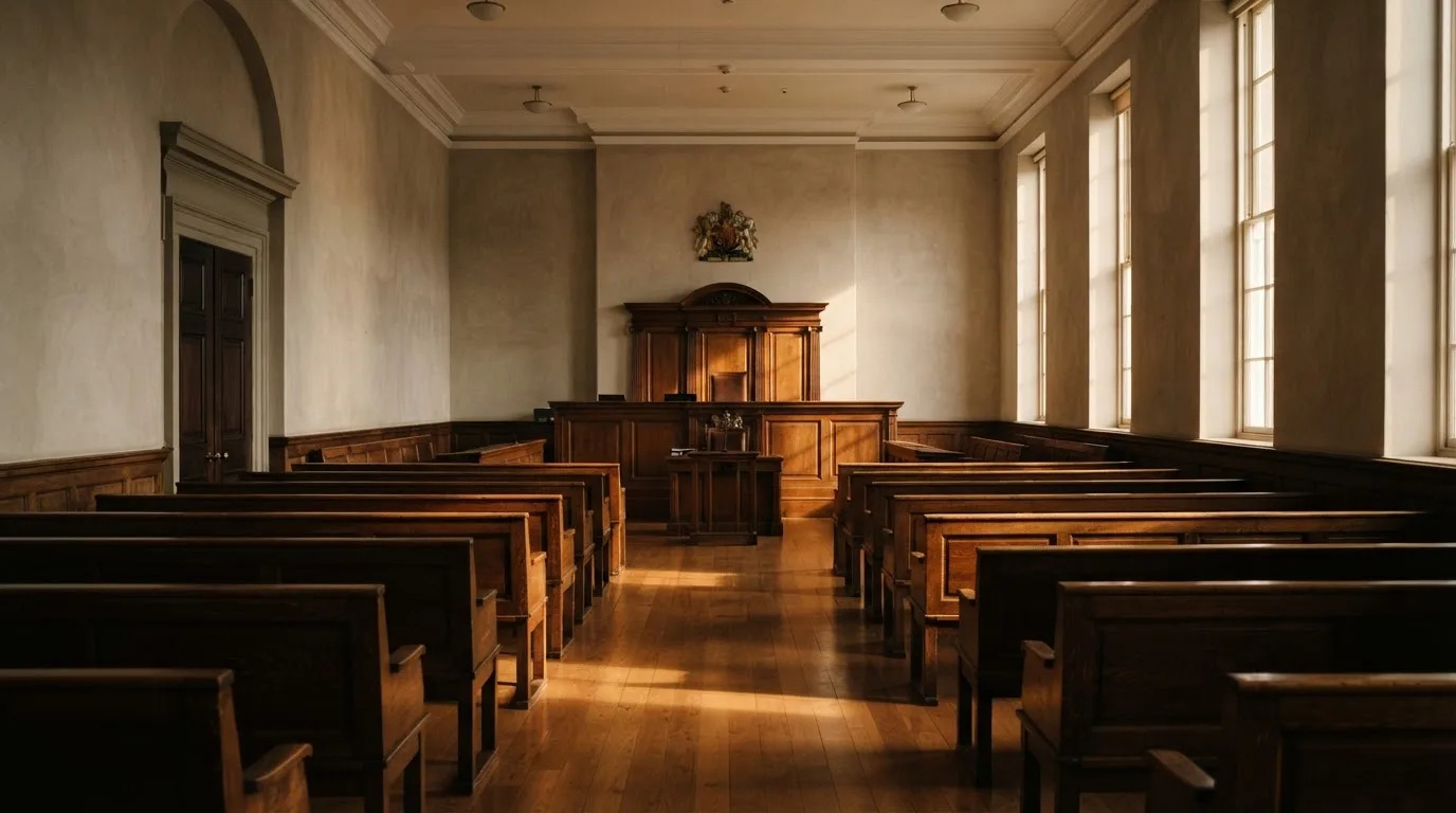An empty courtroom with wooden benches in morning light