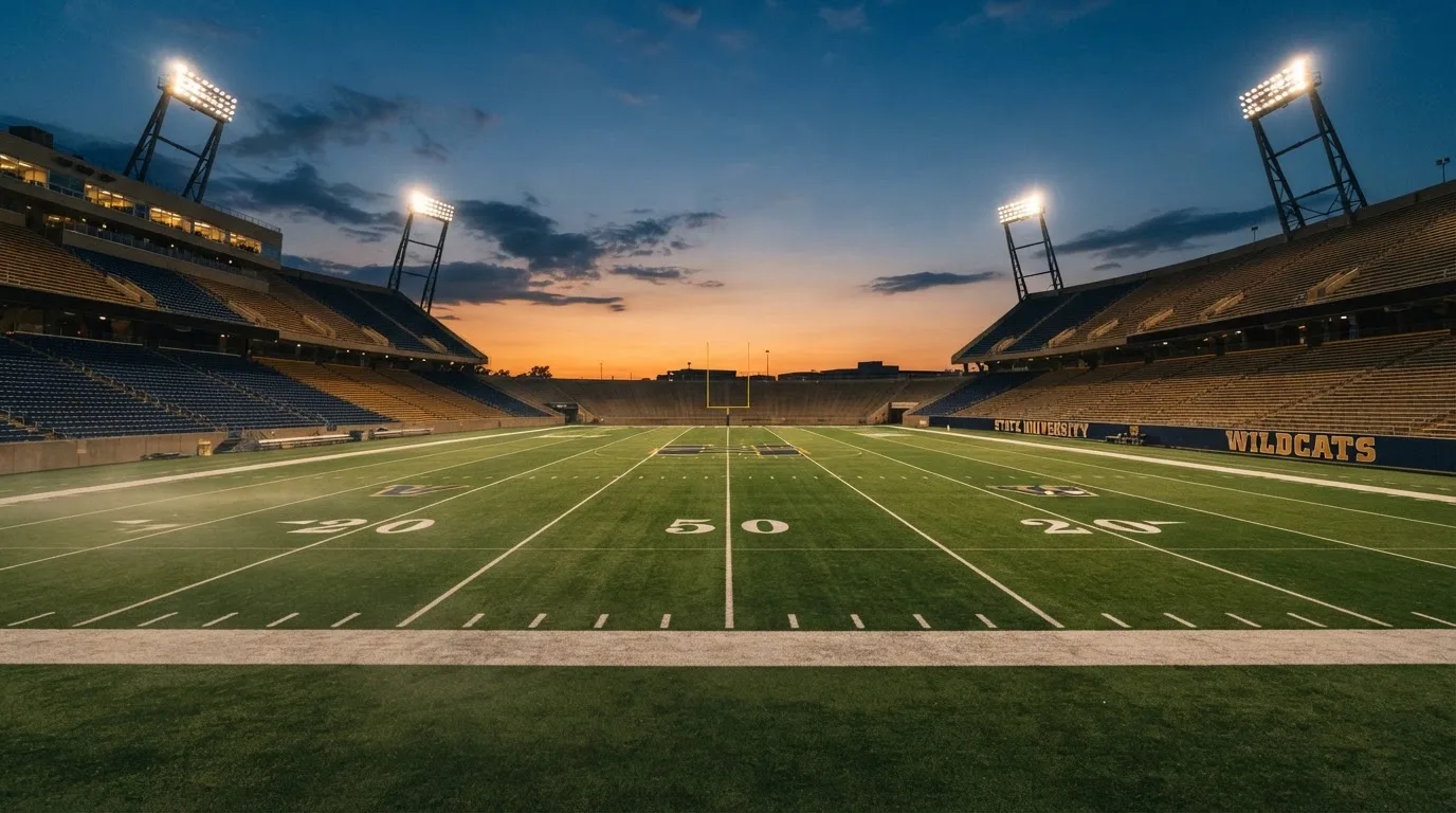 An empty football stadium with floodlight masts at dusk