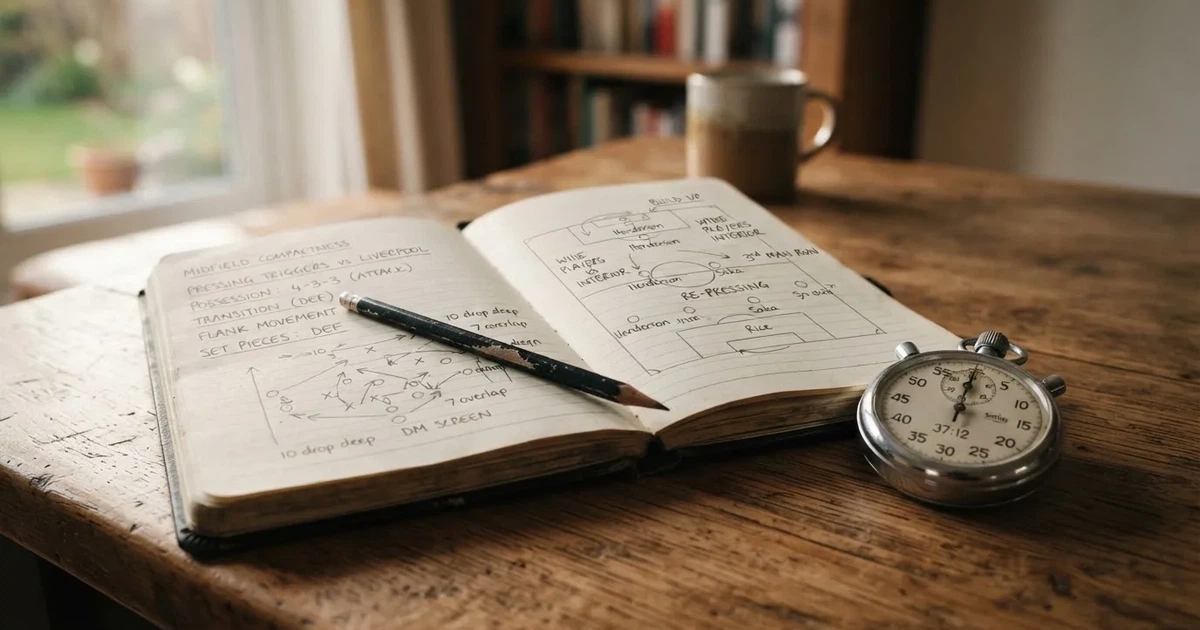 An open notebook with a pencil and a stopwatch on a wooden table