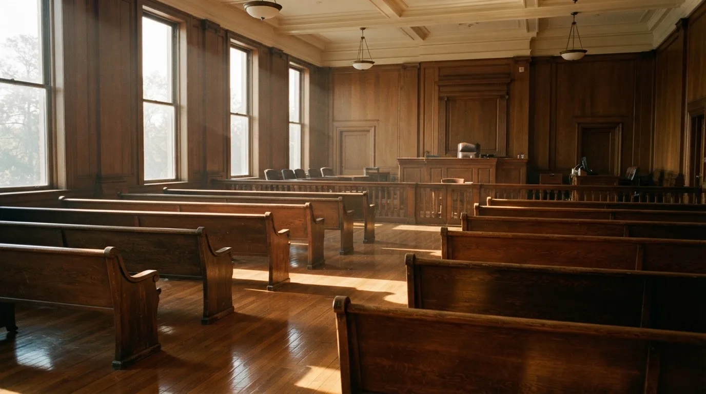 An empty courtroom with wooden benches in morning light