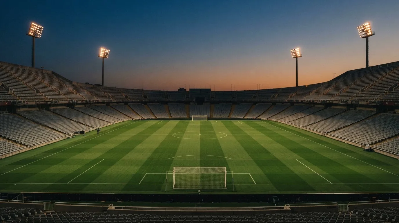 An empty football stadium with floodlight masts at dusk