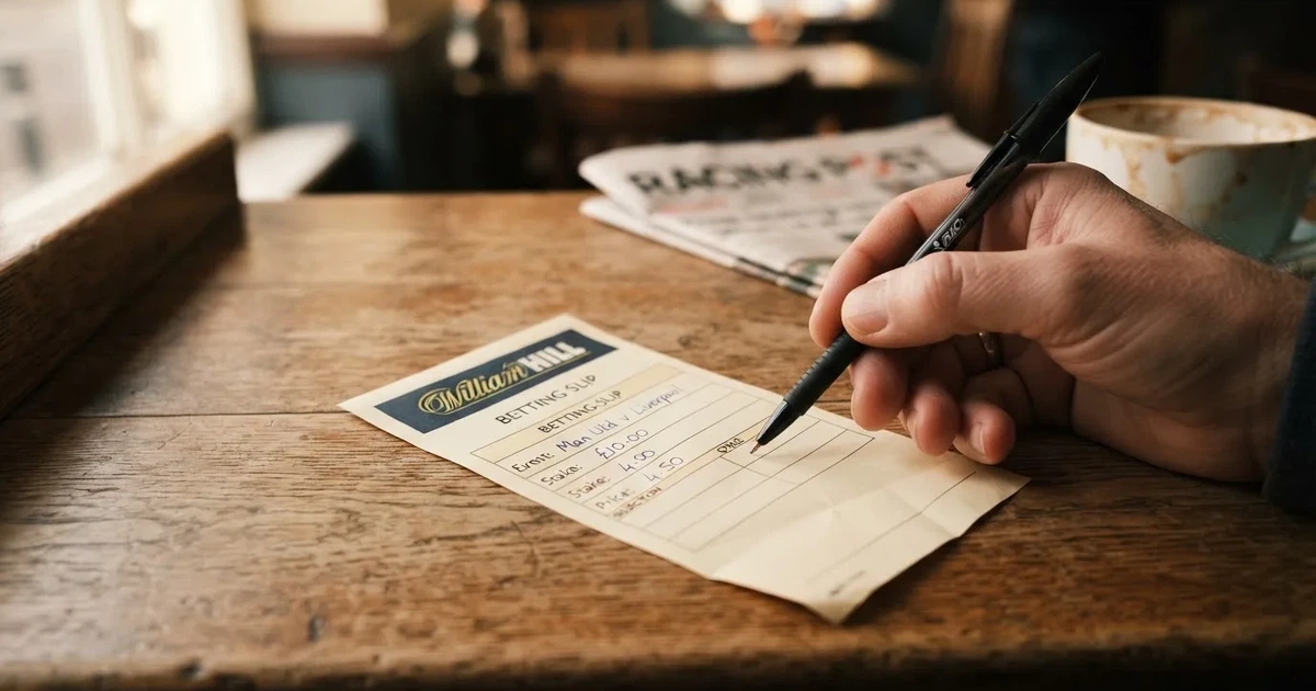 A blank paper betting slip beside a pen on a wooden counter