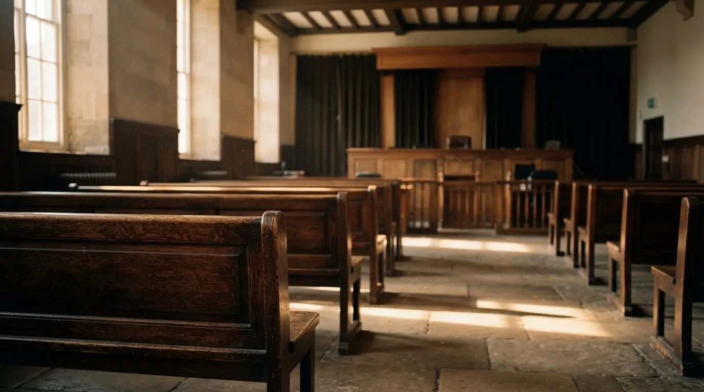 An empty courtroom with wooden benches in morning light