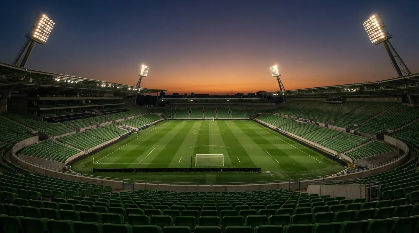 An empty football stadium with floodlight masts at dusk