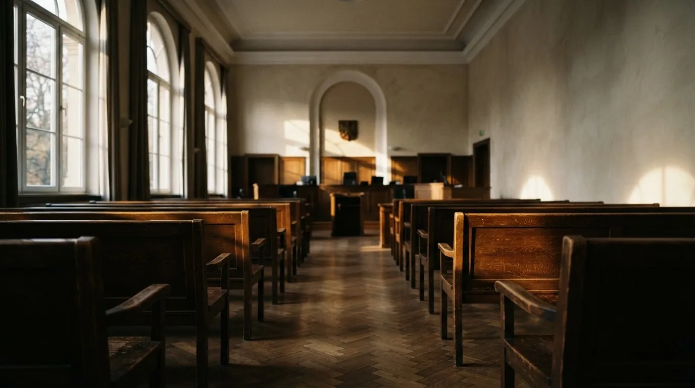 An empty courtroom with wooden benches in morning light