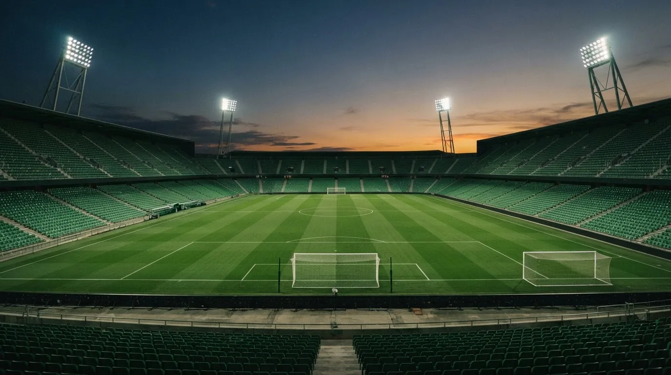An empty football stadium with floodlight masts at dusk