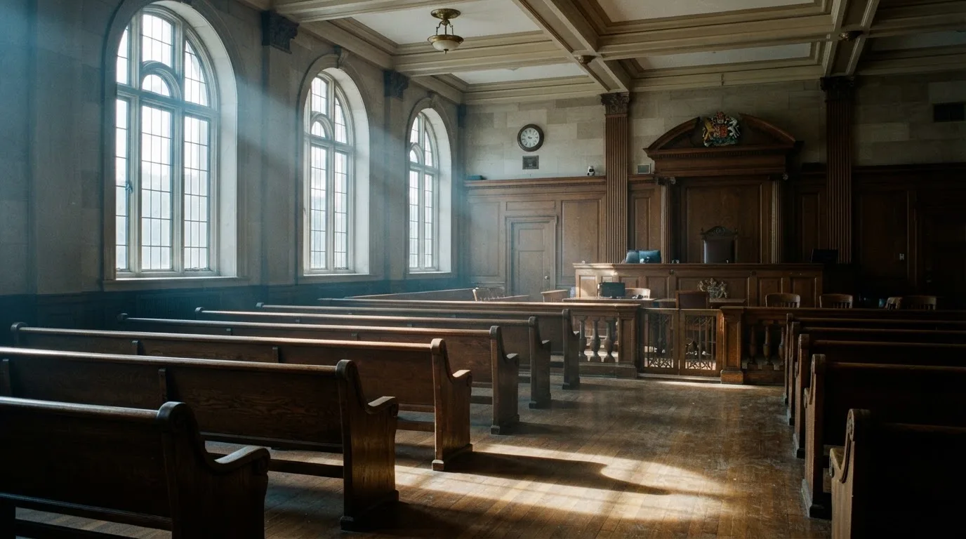 An empty courtroom with wooden benches in morning light