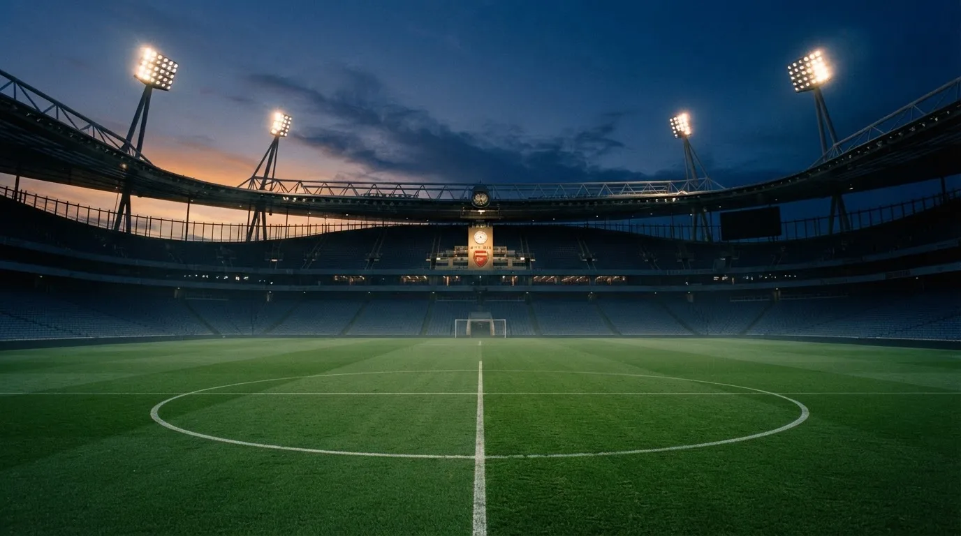 An empty football stadium with floodlight masts at dusk