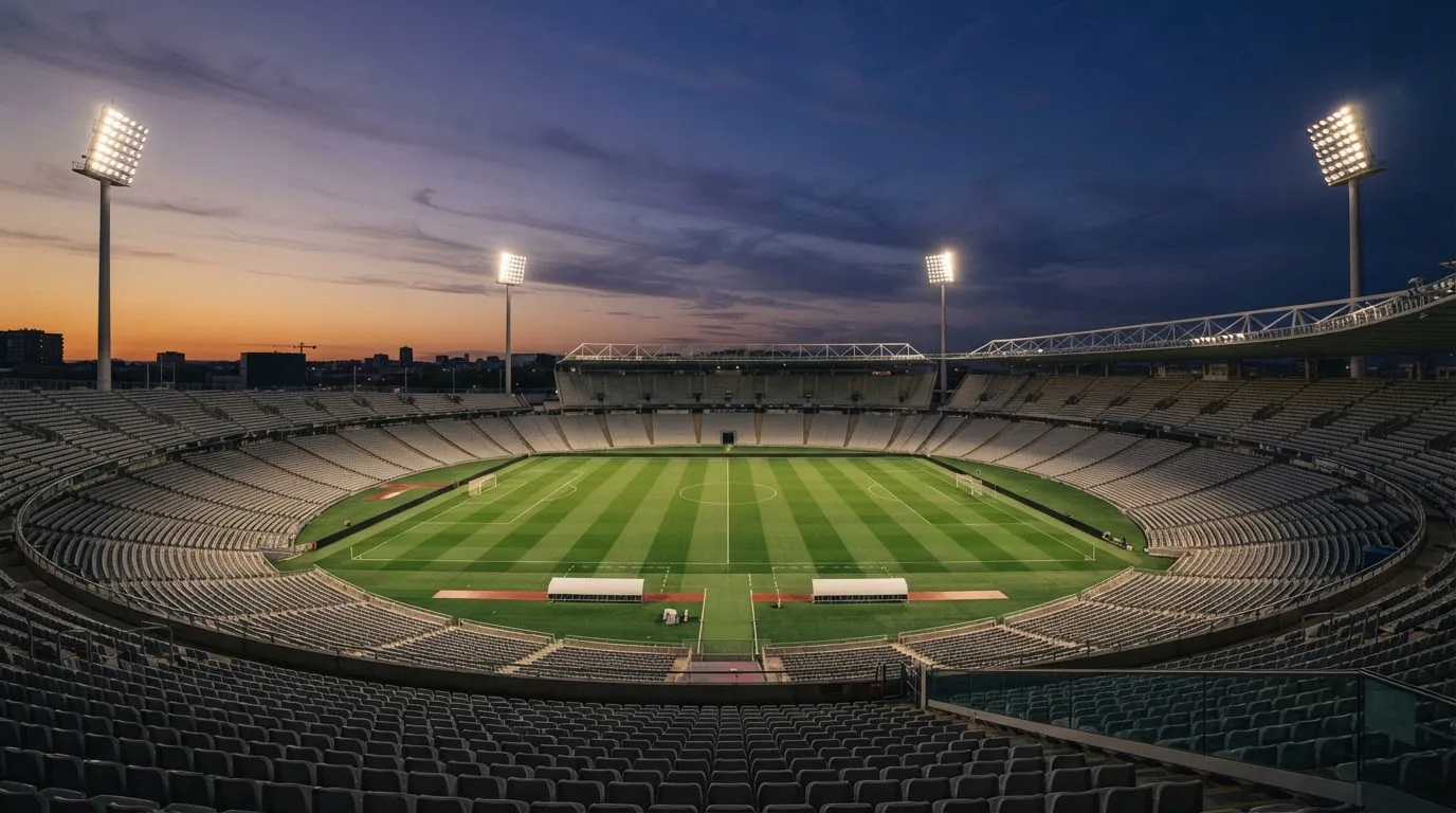 An empty football stadium with floodlight masts at dusk