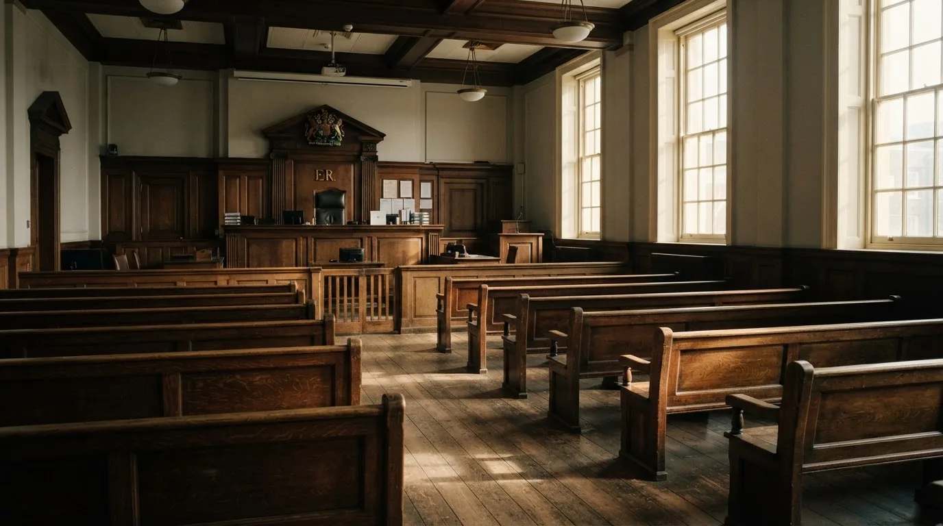 An empty courtroom with wooden benches in morning light