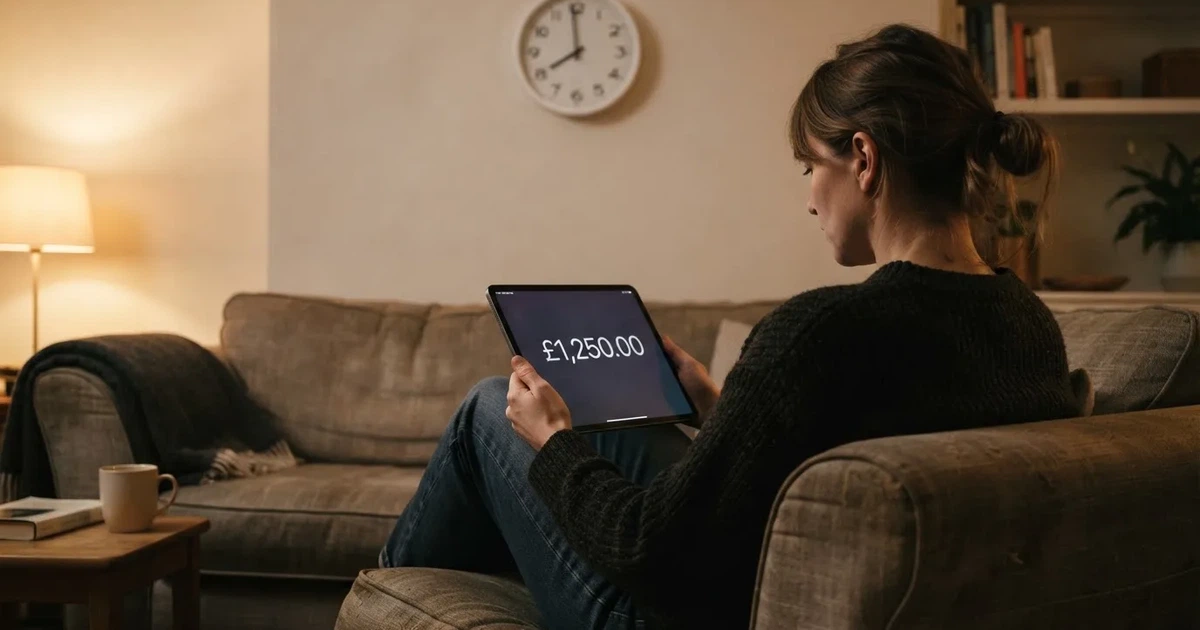 A person on a sofa looking thoughtfully at a tablet, a wall clock in the background