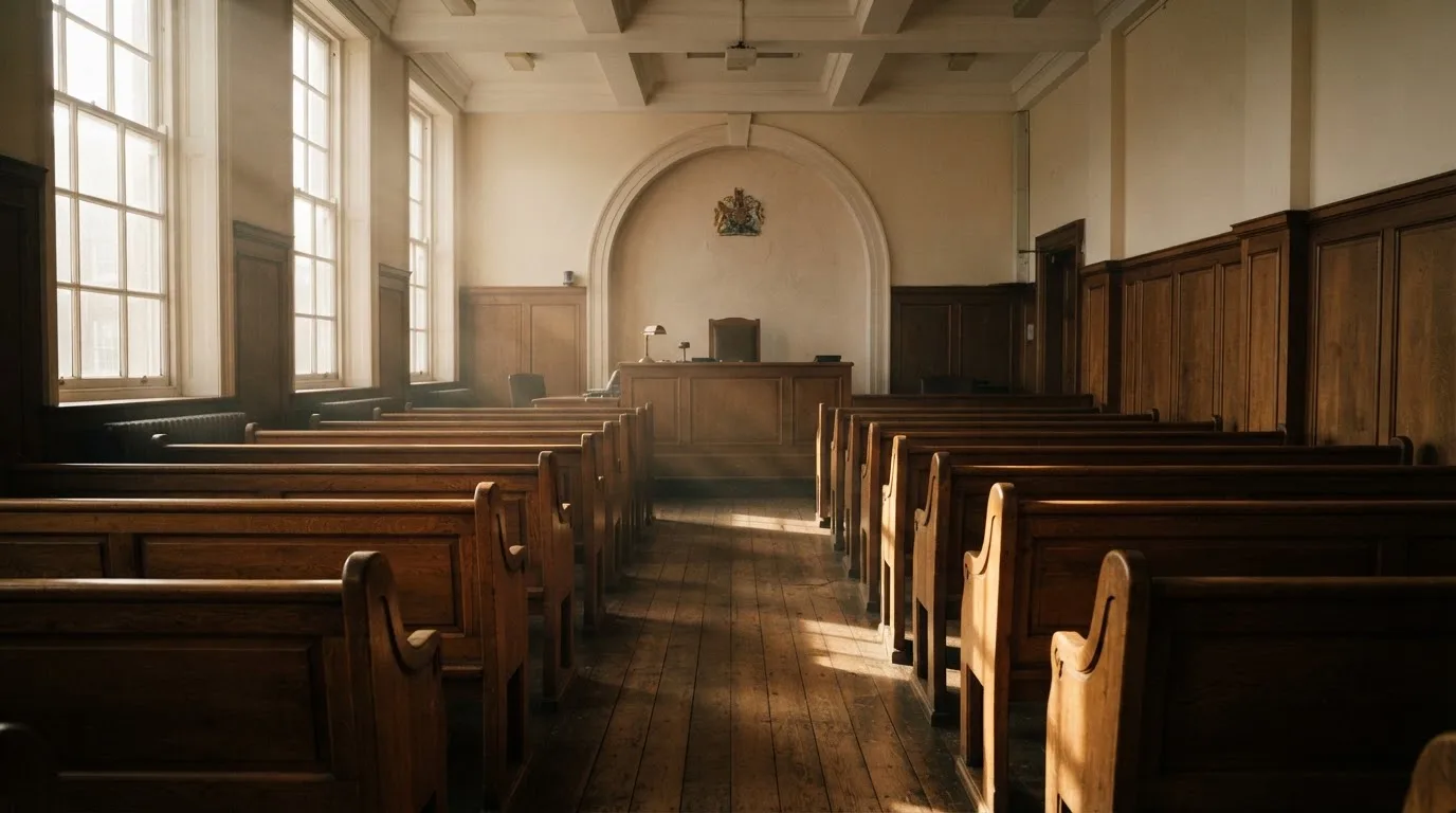 An empty courtroom with wooden benches in morning light