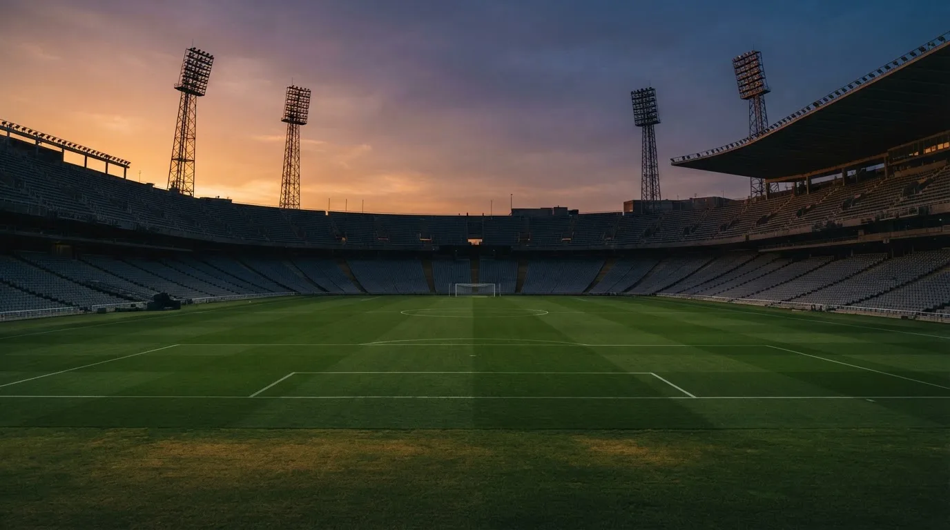 An empty football stadium with floodlight masts at dusk