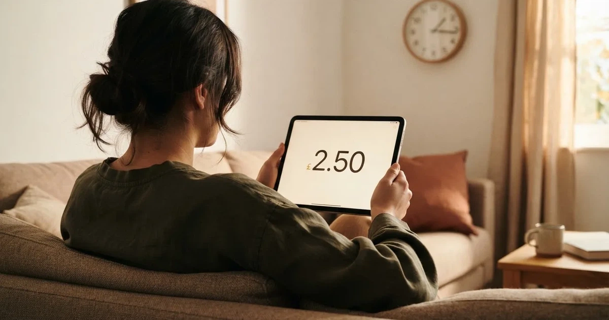 A person on a sofa looking thoughtfully at a tablet, a wall clock in the background