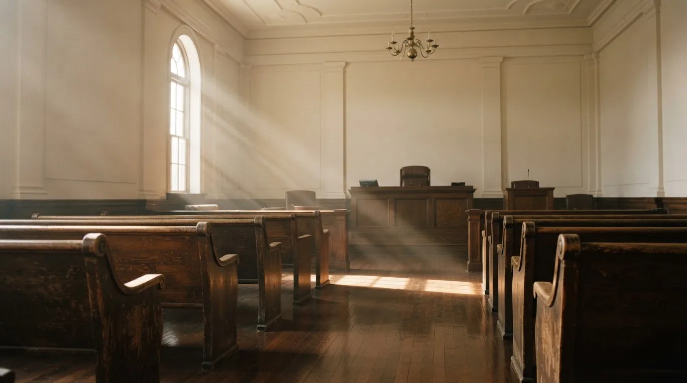 An empty courtroom with wooden benches in morning light