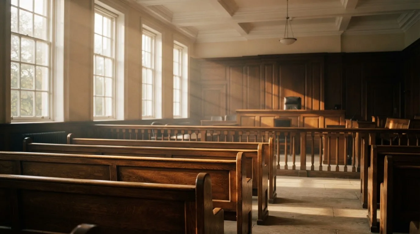 An empty courtroom with wooden benches in morning light
