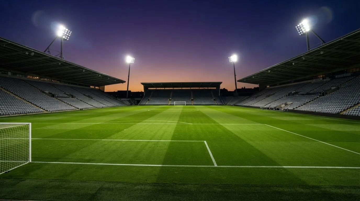 An empty football stadium with floodlight masts at dusk