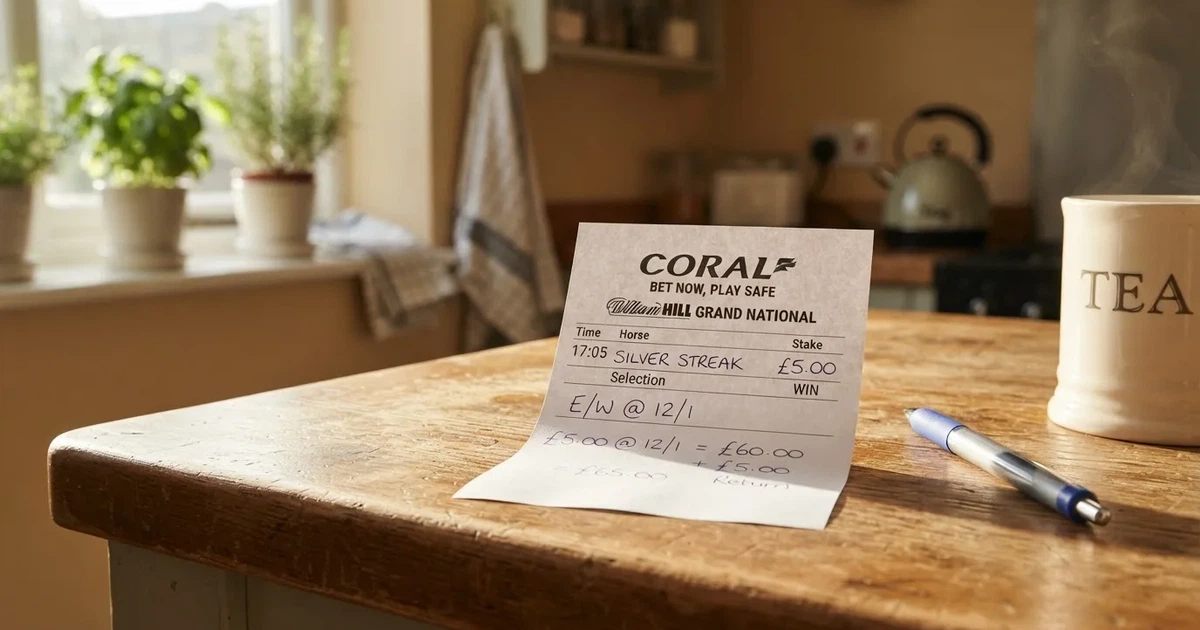 A blank paper betting slip beside a pen on a wooden counter
