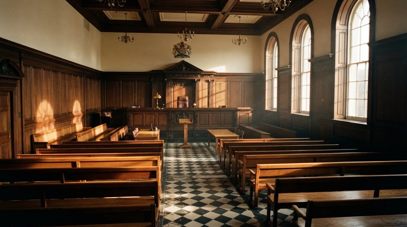 An empty courtroom with wooden benches in morning light