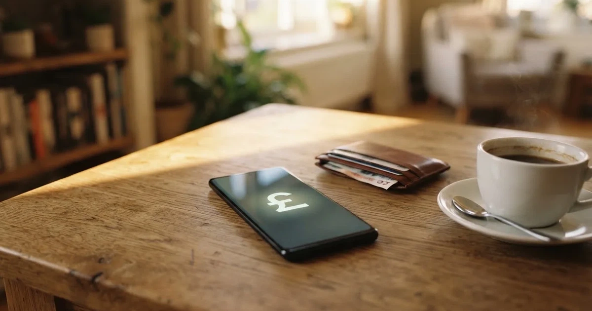 A smartphone on a wooden table beside a wallet and a coffee cup