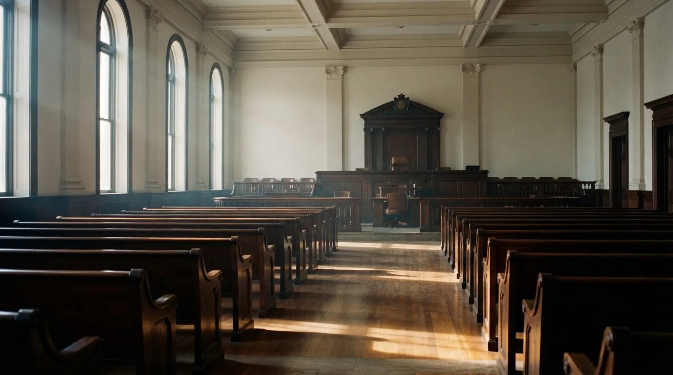 An empty courtroom with wooden benches in morning light