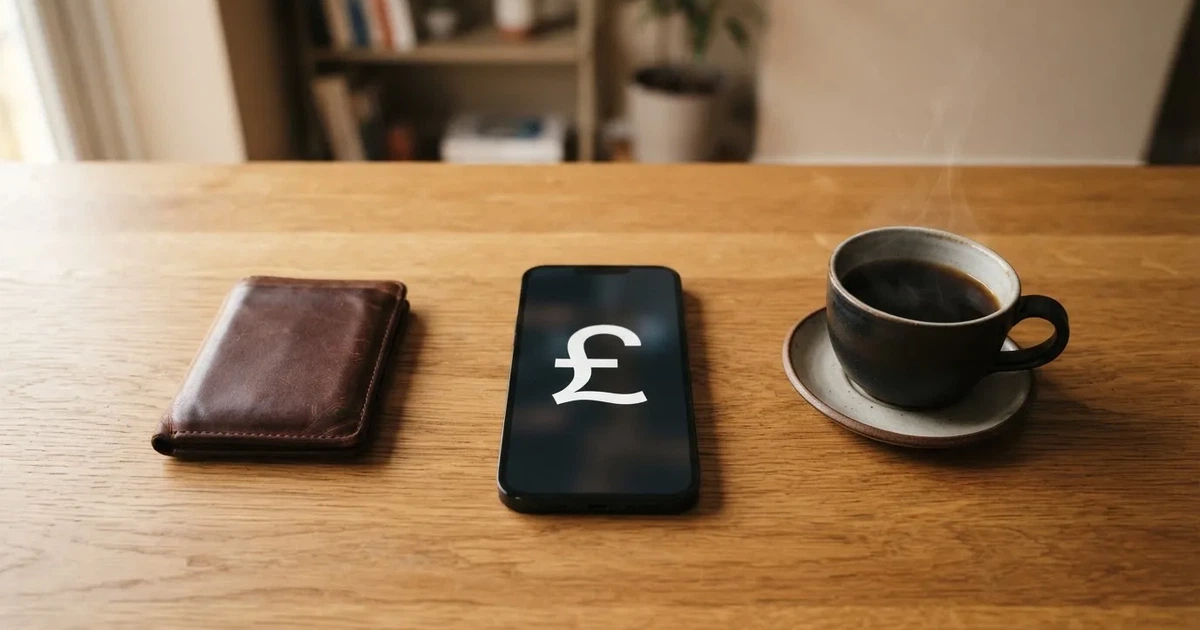 A smartphone on a wooden table beside a wallet and a coffee cup