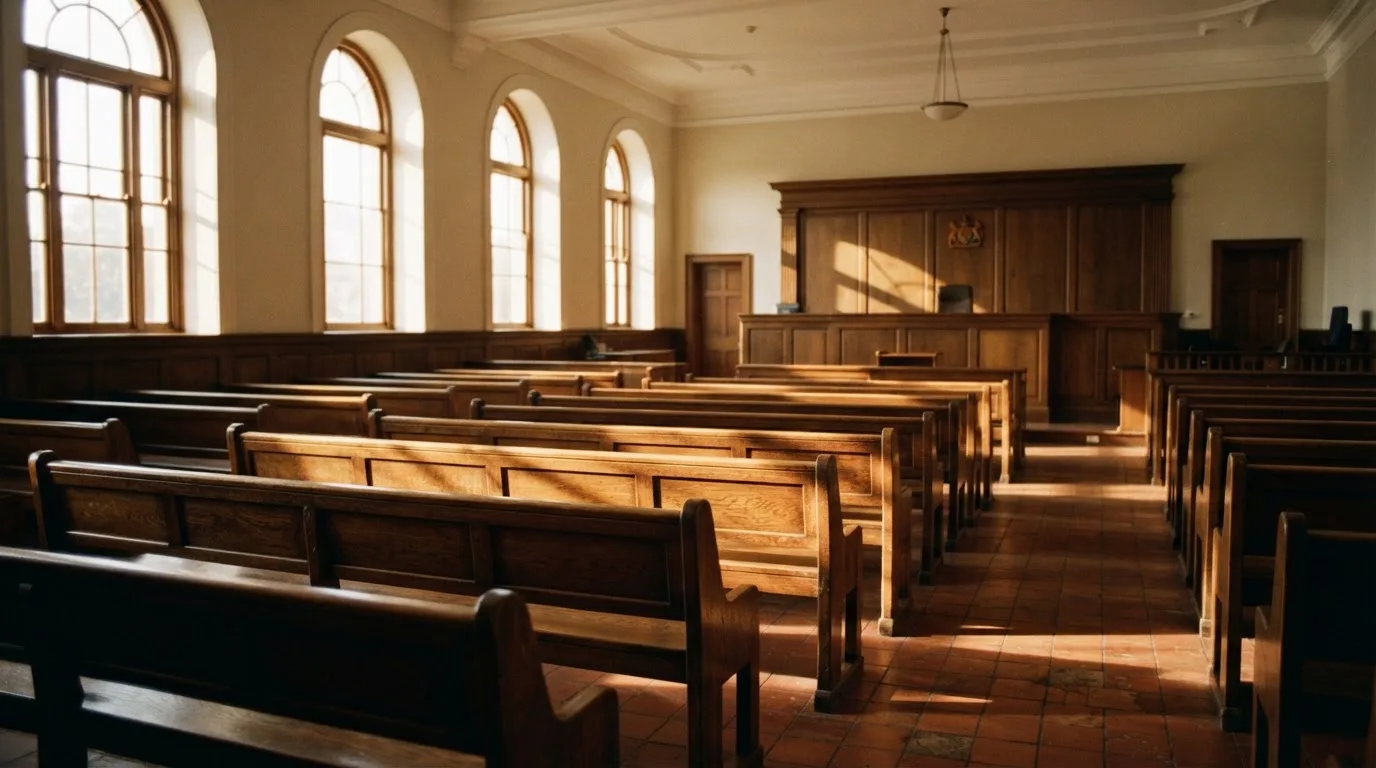 An empty courtroom with wooden benches in morning light