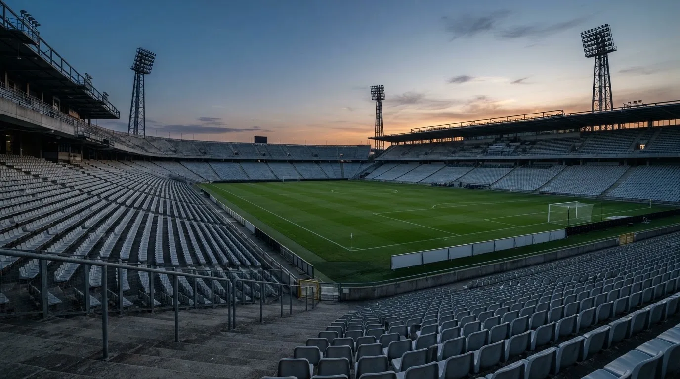 An empty football stadium with floodlight masts at dusk