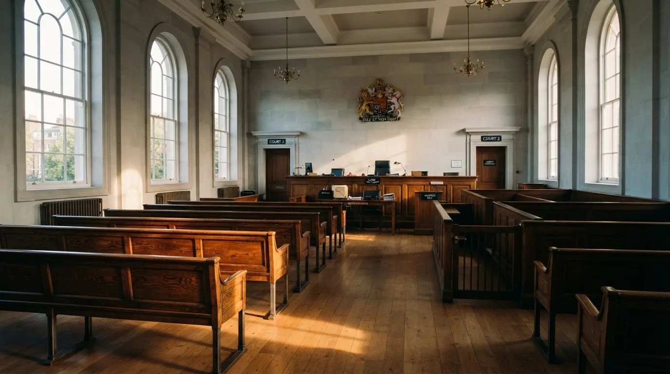 An empty courtroom with wooden benches in morning light