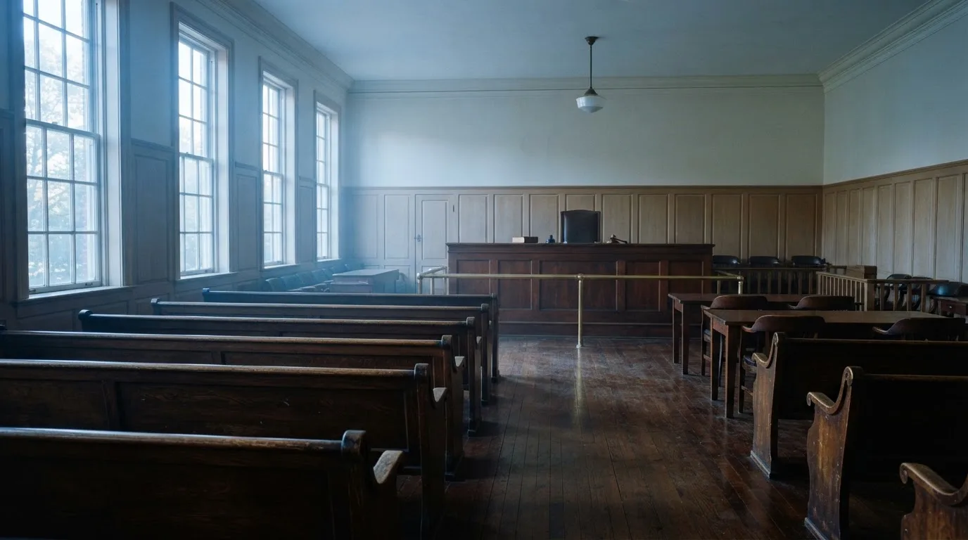 An empty courtroom with wooden benches in morning light
