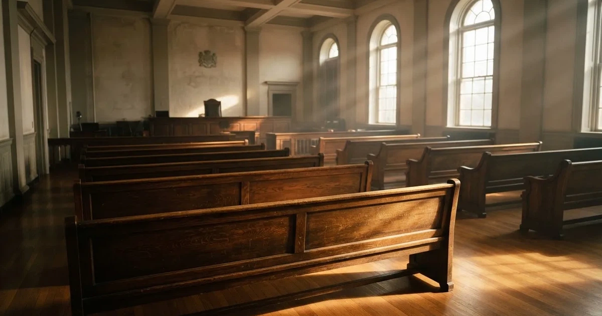 An empty courtroom with wooden benches in morning light