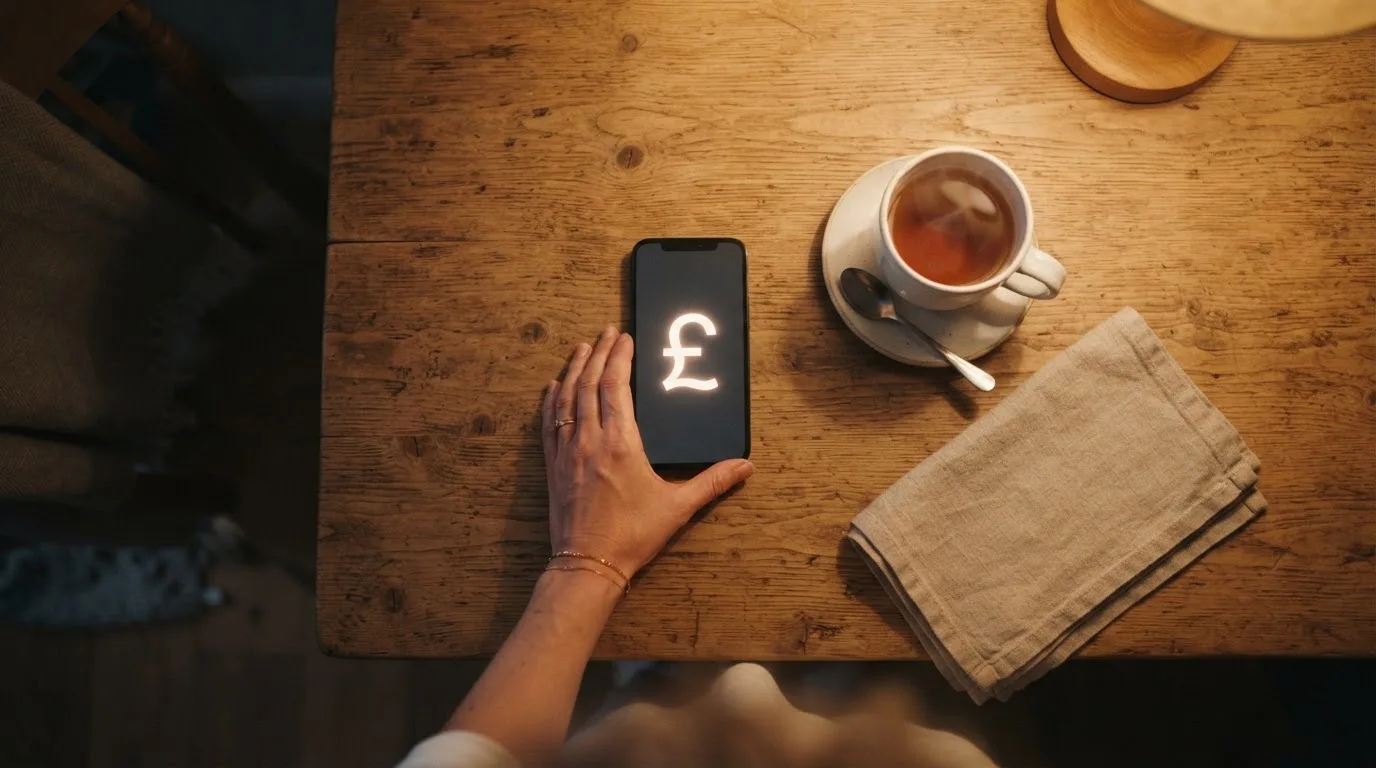 A hand setting a smartphone down beside a cup of tea on a kitchen table on a quiet evening