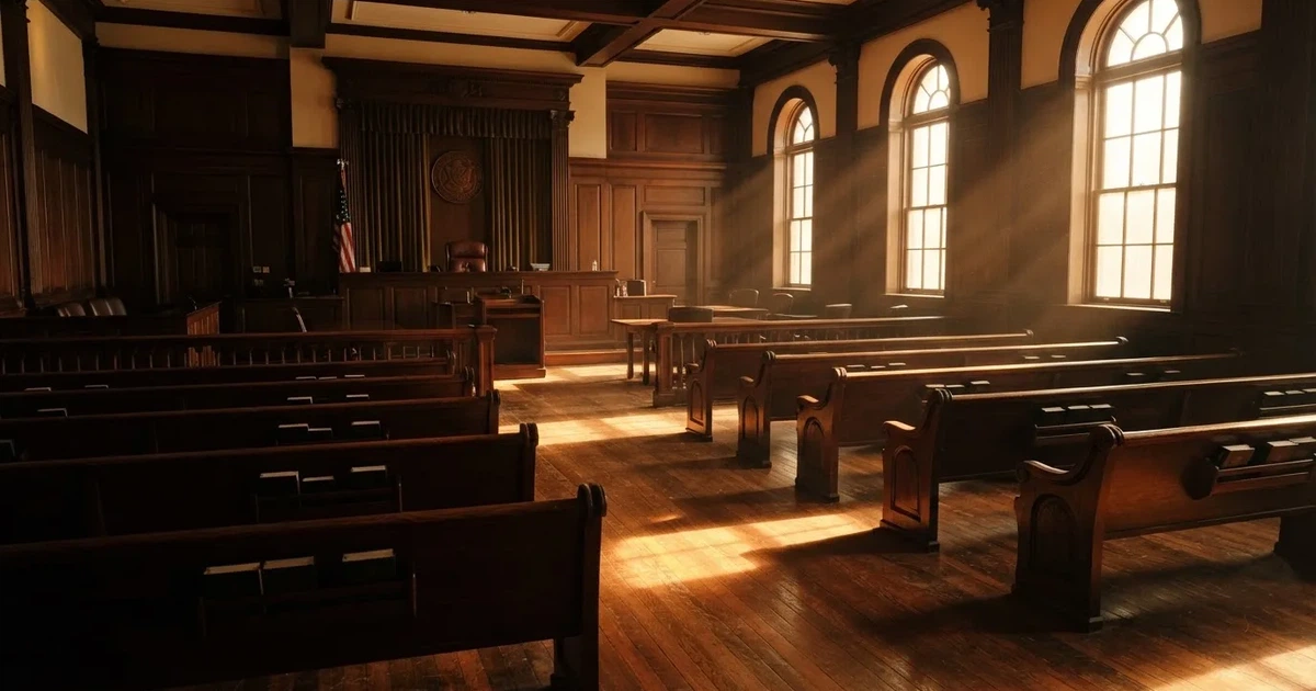 An empty courtroom with wooden benches in morning light