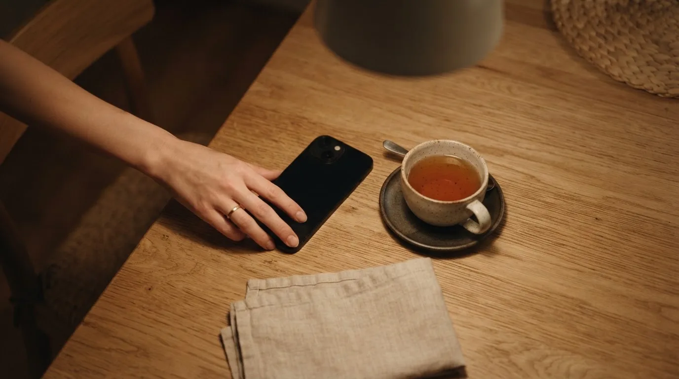 A hand setting a smartphone down beside a cup of tea on a kitchen table on a quiet evening