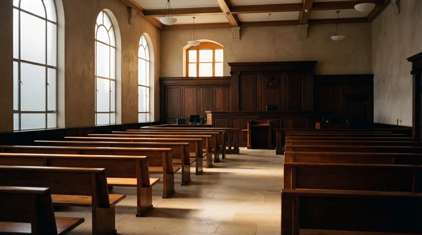 An empty courtroom with wooden benches in morning light