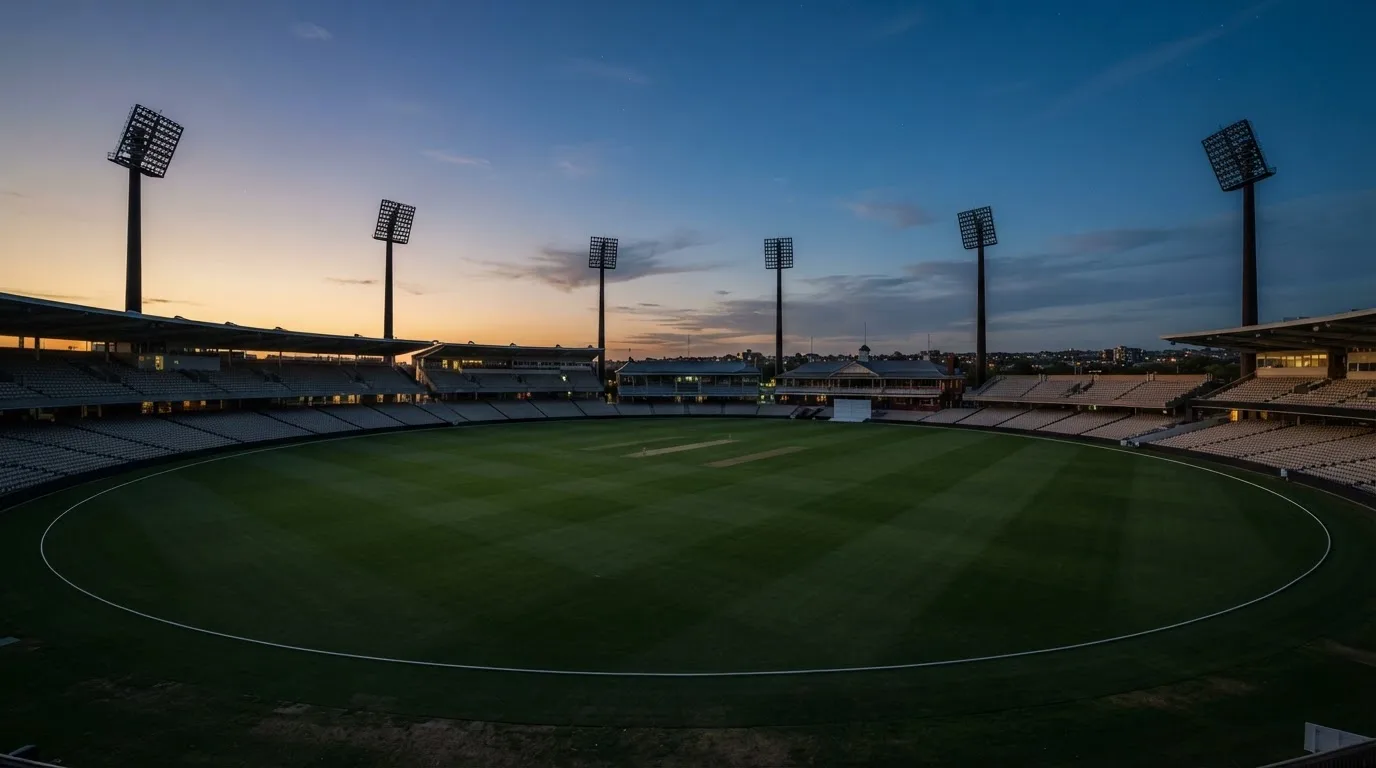An empty football stadium with floodlight masts at dusk