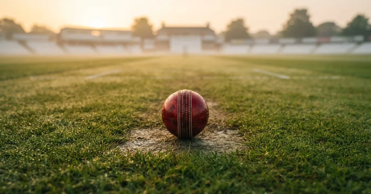 A ball on the centre spot of a grass pitch in morning light