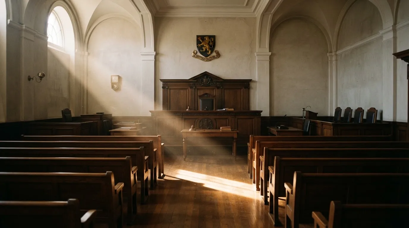 An empty courtroom with wooden benches in morning light