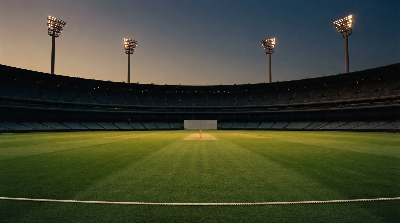An empty football stadium with floodlight masts at dusk