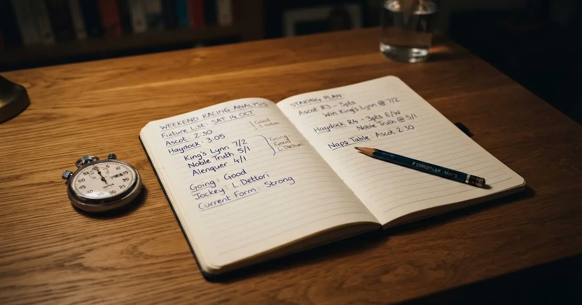 An open notebook with a pencil and a stopwatch on a wooden table