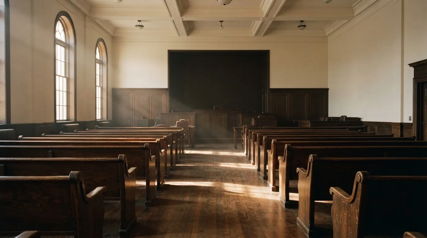 An empty courtroom with wooden benches in morning light