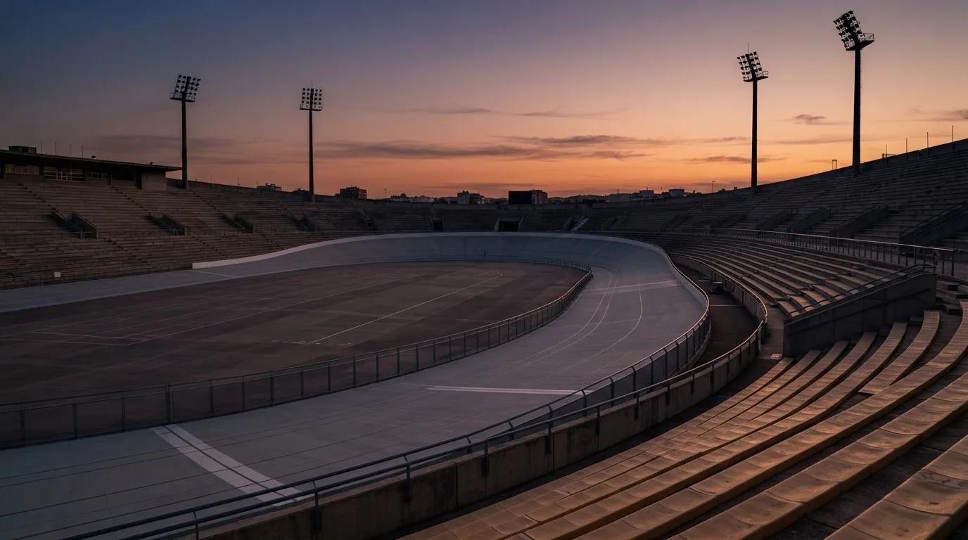 An empty football stadium with floodlight masts at dusk