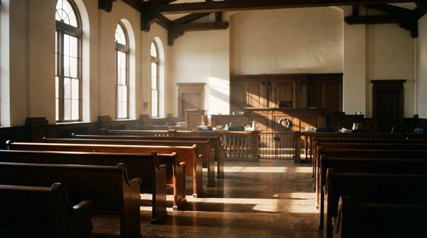 An empty courtroom with wooden benches in morning light